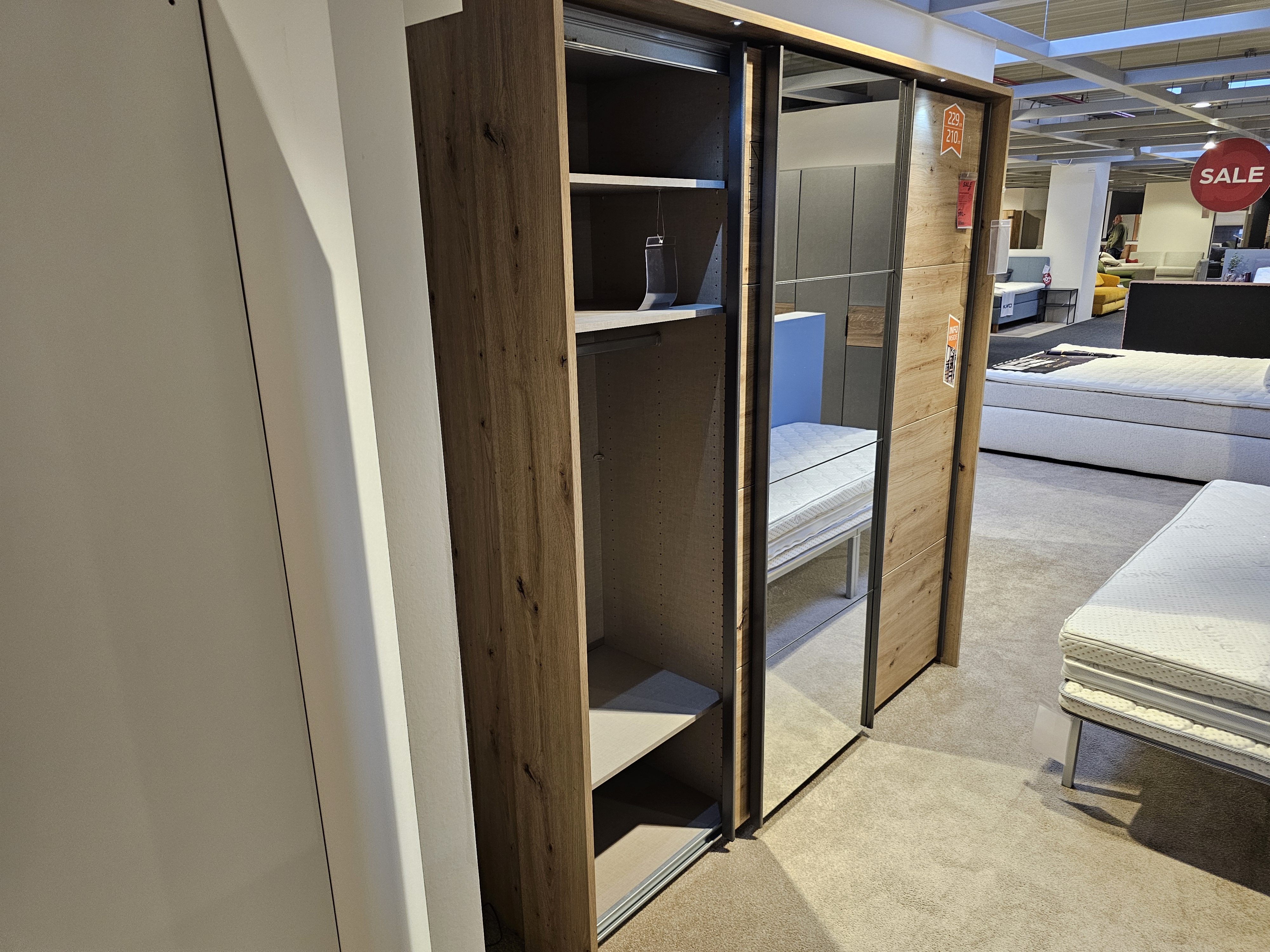Schwebetürenschrank, Schrank, Wandschrank, Kleiderschrank, Holzoptik, Spiegeltür