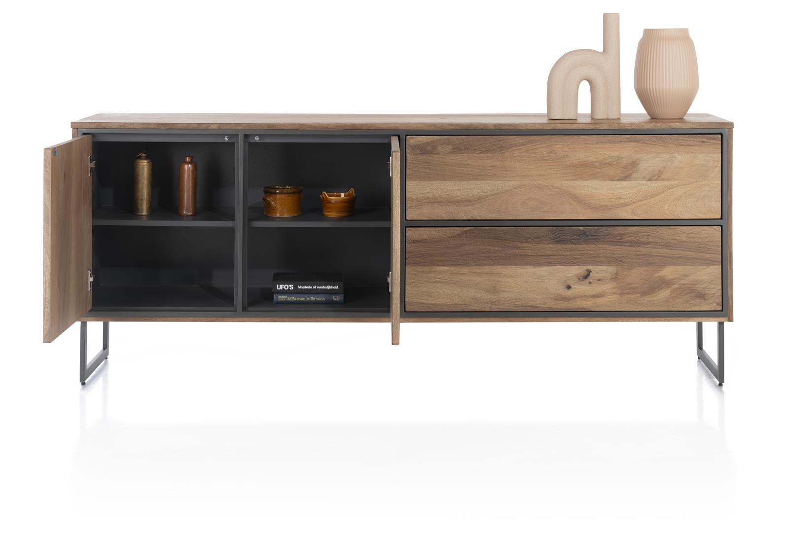 Henders & Hazel Sideboard TRAPANI ca. B200 H80 T42 cm in Mango furniert smoked lack., Sideboard, Holzschrank, Walnuss-Finish, Offene Schrankwand, Schubladen