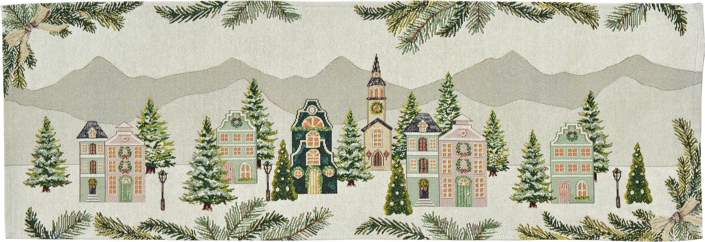 Sander Tischläufer XMAS VALLEY ca. 32x96cm in Farbe original, Tapis mural, Weihnachtsdorf, Nadelbäume, Häuserfronten, Gardinenspiegelung