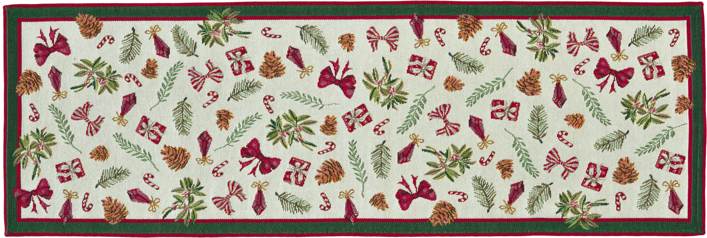Sander Tischläufer XMAS ORNAMENTS ca. 32x96cm in Farbe original, Weihnachtsdecke, Weihnachtstischläufer, Tannenzweige, Kiefernzapfen, Bögen/Röschen