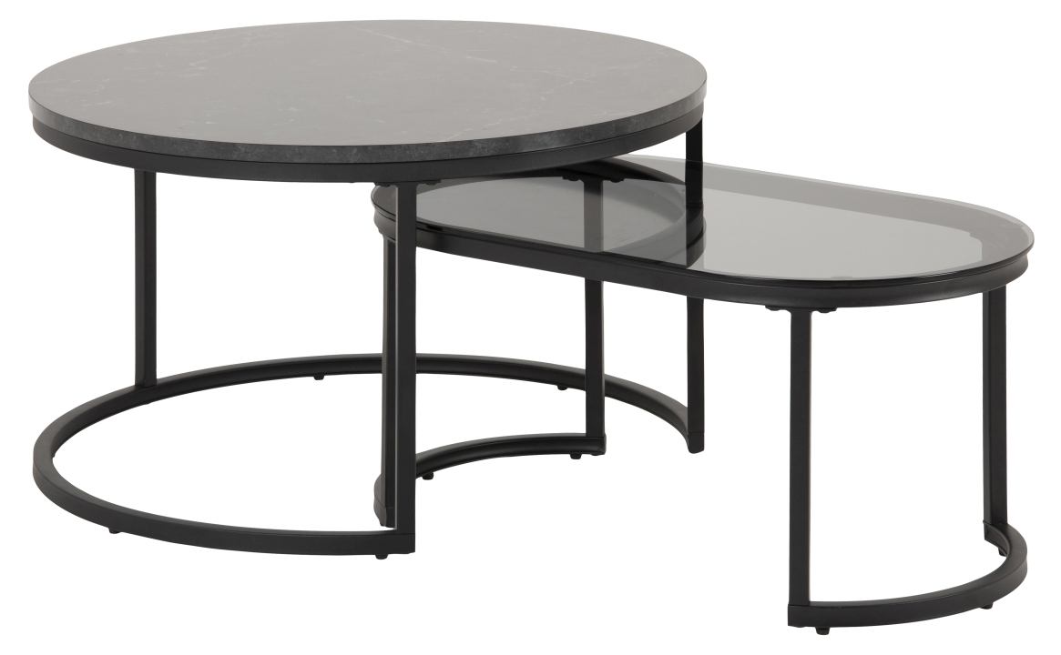 Actona Couchtischsatz SPIRO ca. 70x70cm in Melamin Marmor schwarz/Glas Rauch gebeizt