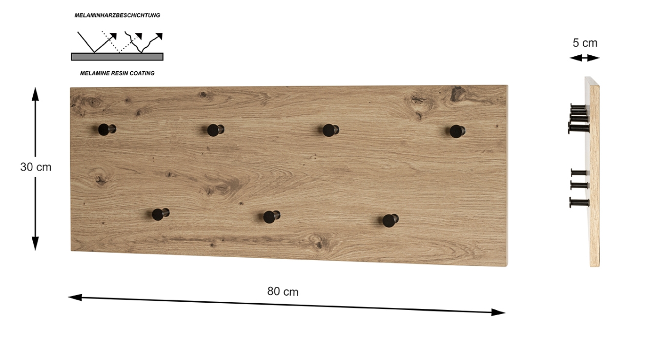 Haku Möbel Wandgarderobe in Eiche-schwarz, BHT ca.80x30x5cm, Sperrholz, Holz, Drinnen, Innenarchitektur