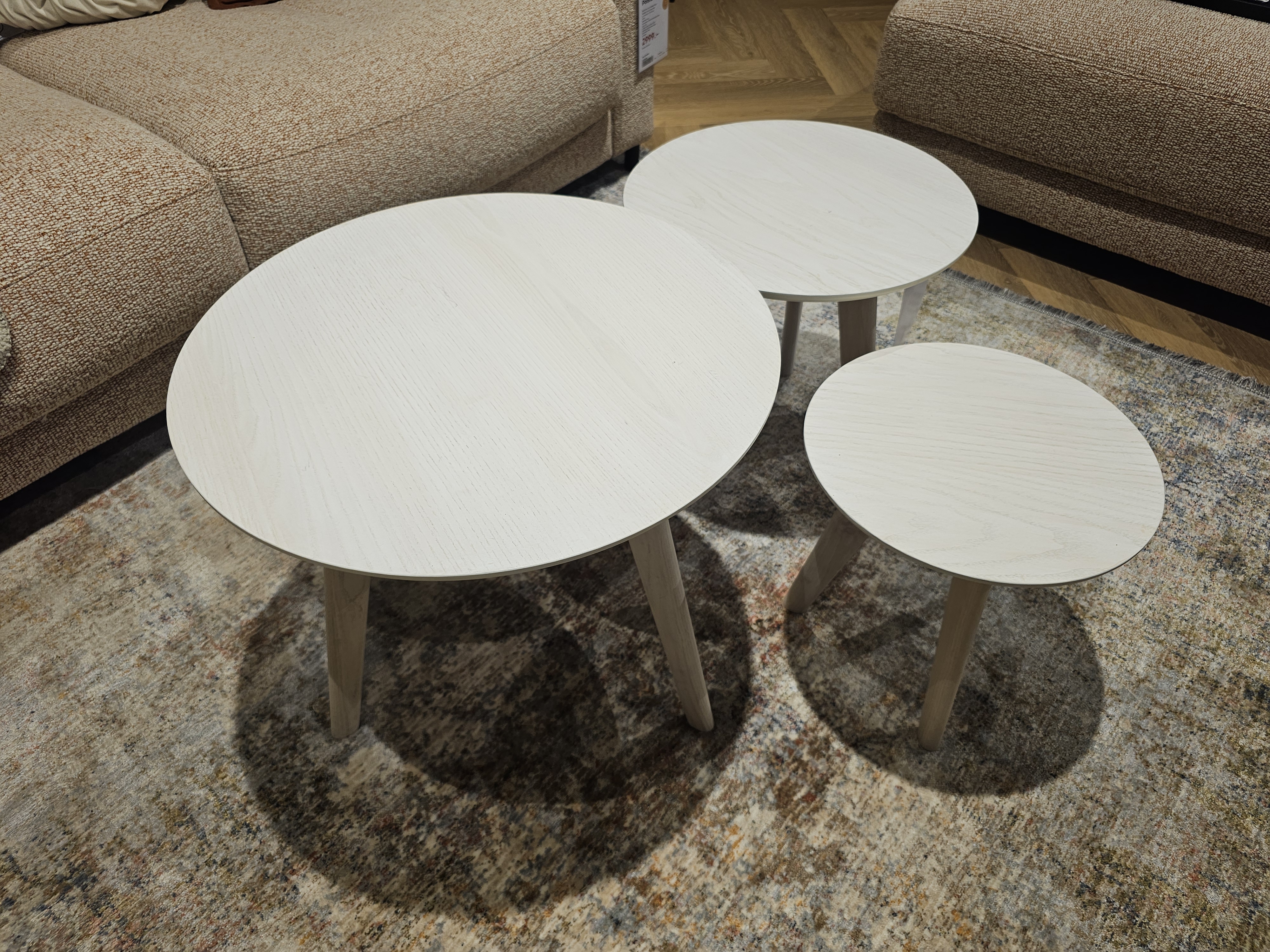 Roomio Couchtisch 3er-Set NO. 2000 mit Platte aus Esche Echtholzfurnier, Gestell massiv weiß gewaschen, Beistelltisch, rund, Holz, helle Farbe, Sonstiges