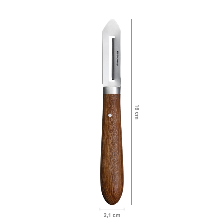 Fiskars Schäler rechtshänder CLASSIC 5cm, Küchenmesser, Schäler, Holzgriff, 16 cm, Edelstahlklinge