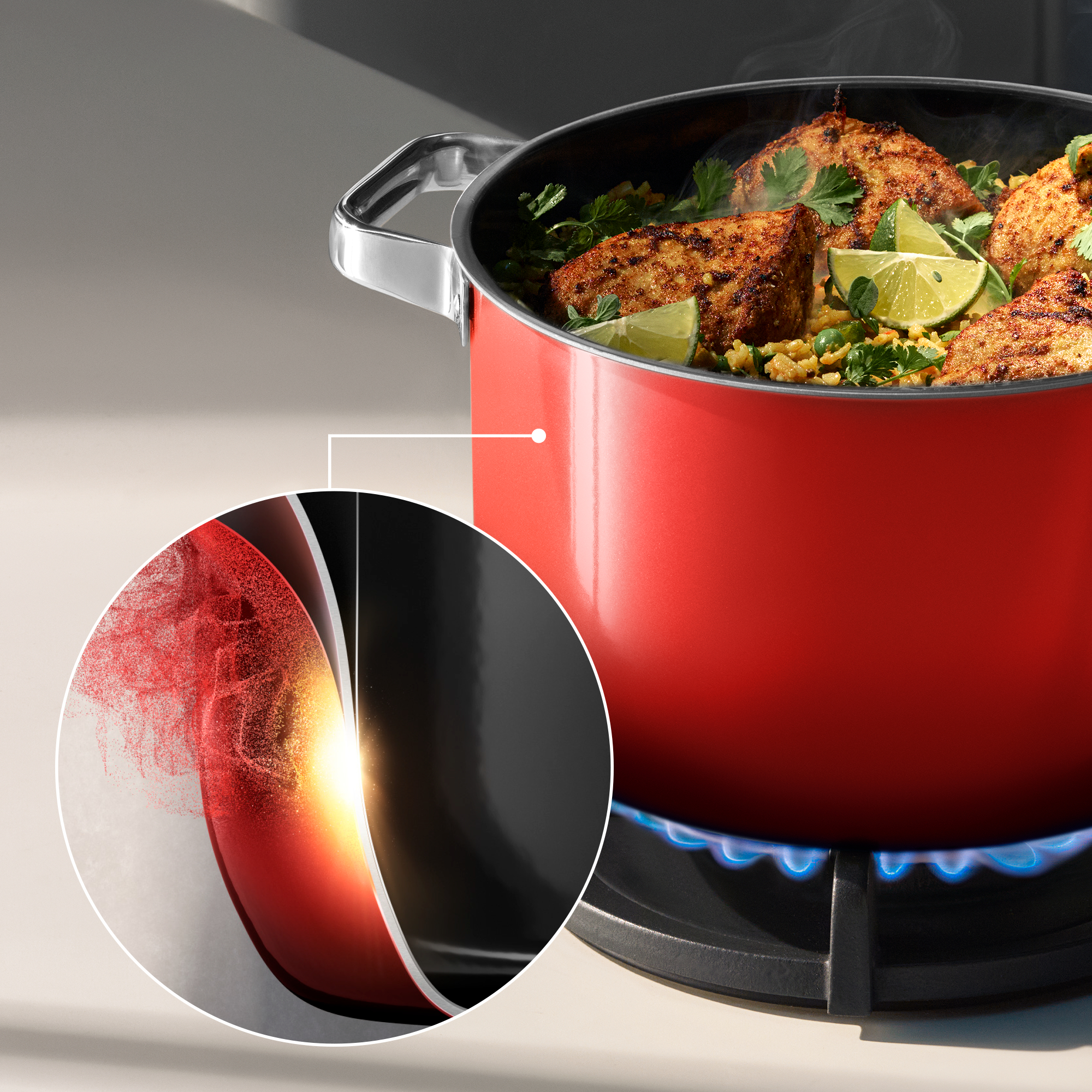 WMF Fusiontec Mineral Pro, Topf-Set, 4-teilig, Passion Red in passion red, kochtopf, red pot, stovetop, gas flame, fried chicken