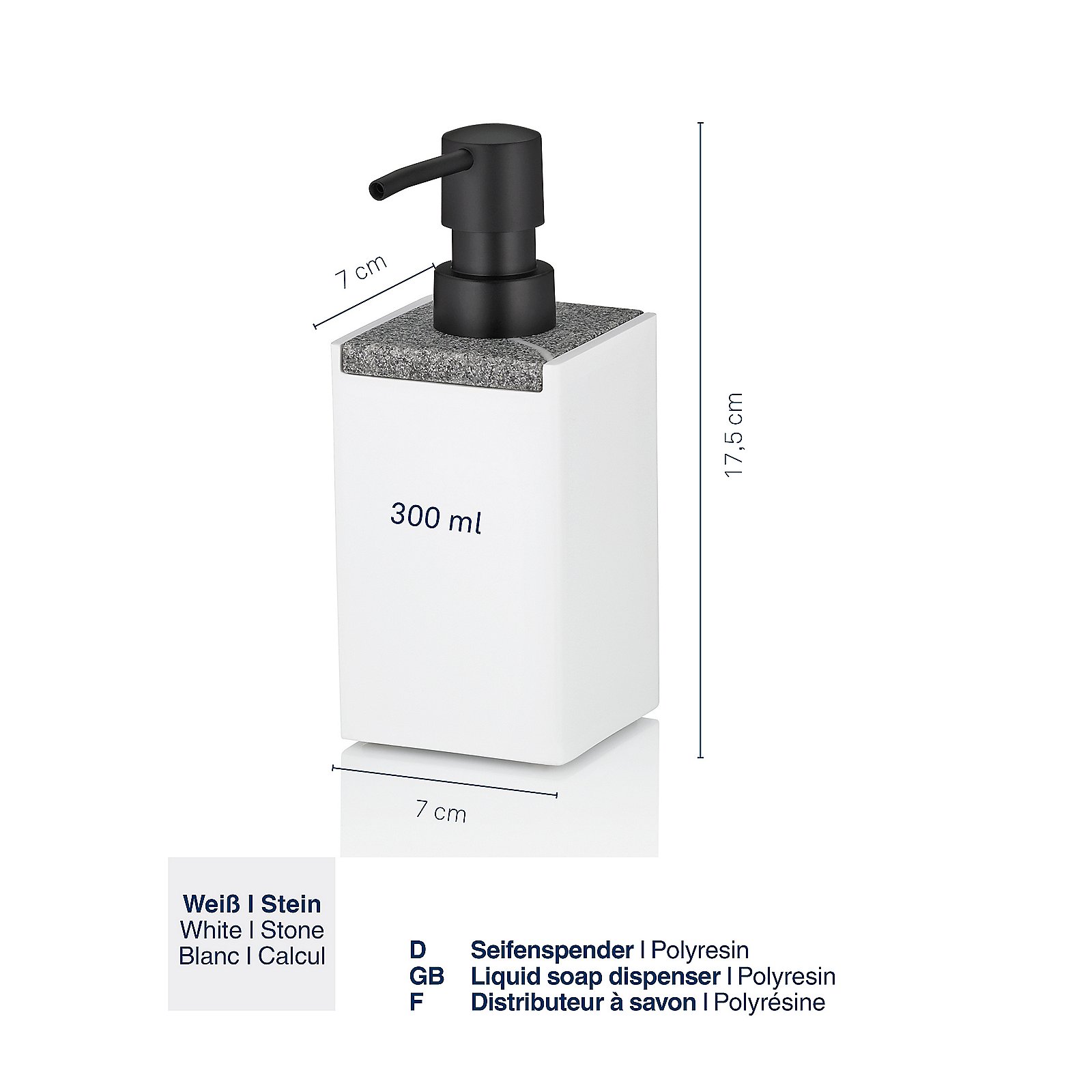 Kela Seifenspender Cube CUBE in Weiß, Seifenspender, Polyresin, Weiß, Weißer Spender, Hydraulischer Spender, Seifenspender, Polyresin, Weiß, 300 ml, Größe 17,5 cm