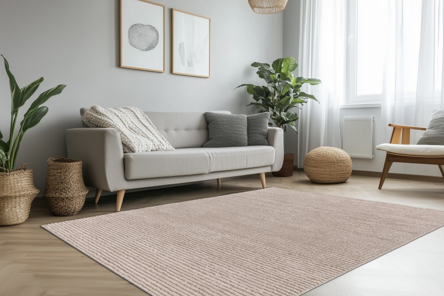 Webteppich LOTUS ca. 160x230cm in Farbe beige, Wohnzimmer, Sofa, Teppich, Pflanzen, Holzstuhl