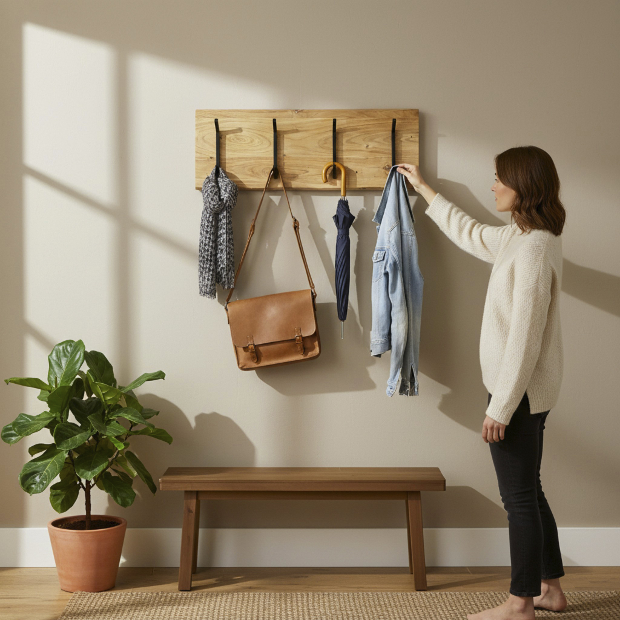 Wandgarderobe in Mehrfarbig, Pflanzenständer, Wandgarderobe, Jacke, Tasche, Schirm, Hakenleiste, Kleidungshaken, Jacke, Umhängetasche, Pflanze