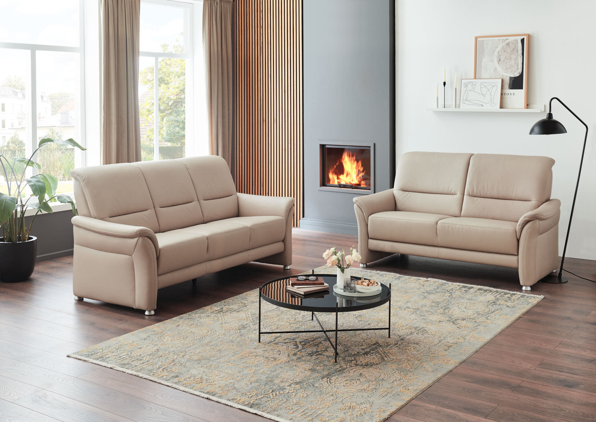 Polstergruppe PN-PF23182 in Leder Vivre pearl, Dekoration für Zuhause, Kamin, Kaffeetisch, Tabelle, Wohnzimmer