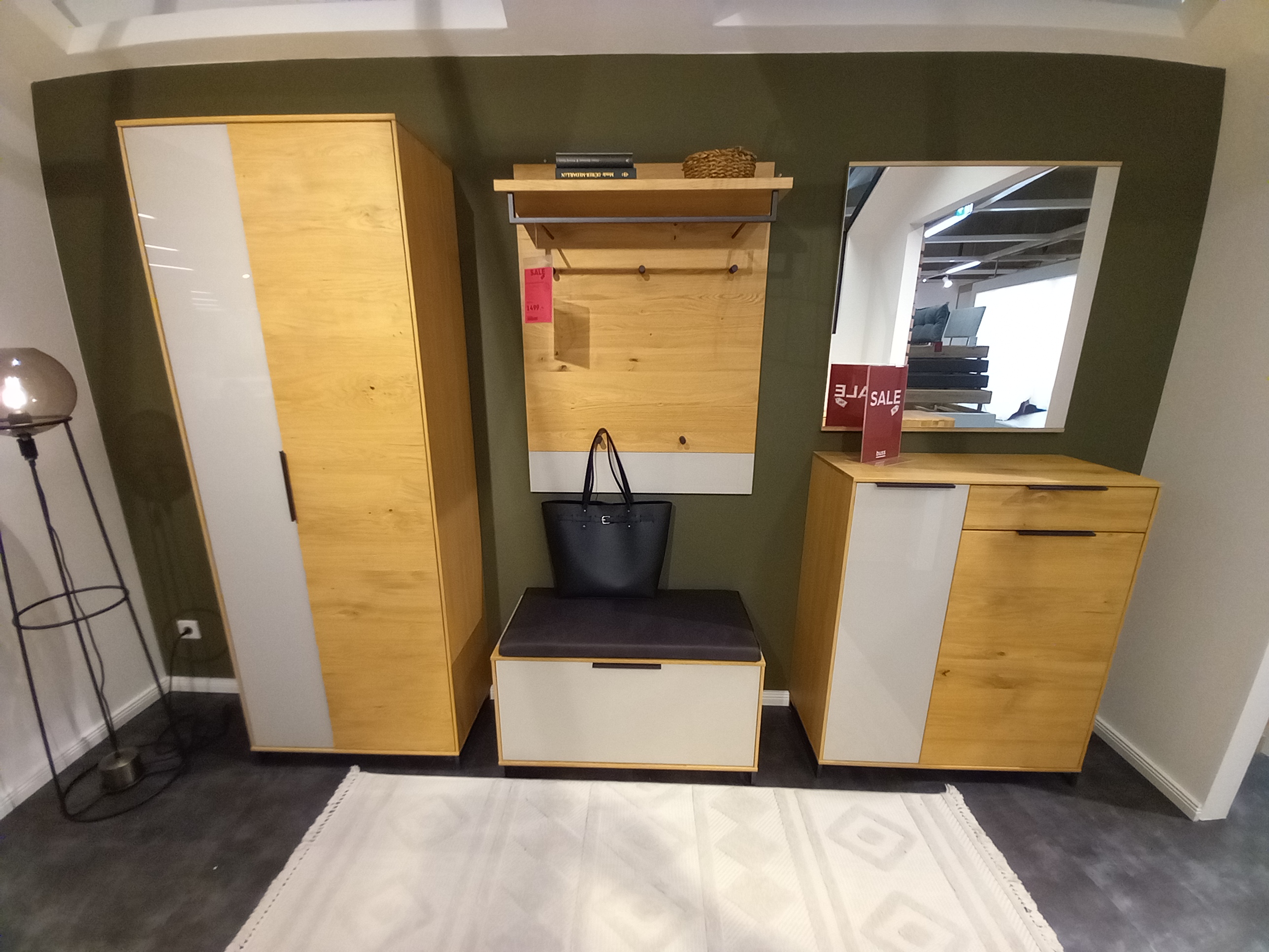 Garderobenkombi 6-teilig  in Eiche bianco/Balkeneiche furn., Garderobenset, Eichefarben, Weiß, Kleiderschrank, Sitzbank
