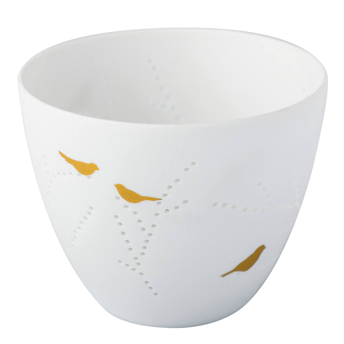 Poesielicht klein VOGEL in Farbe weiß, weißer becher, Porzellanbecher, Teebecher, goldene Akzente, Lochmuster