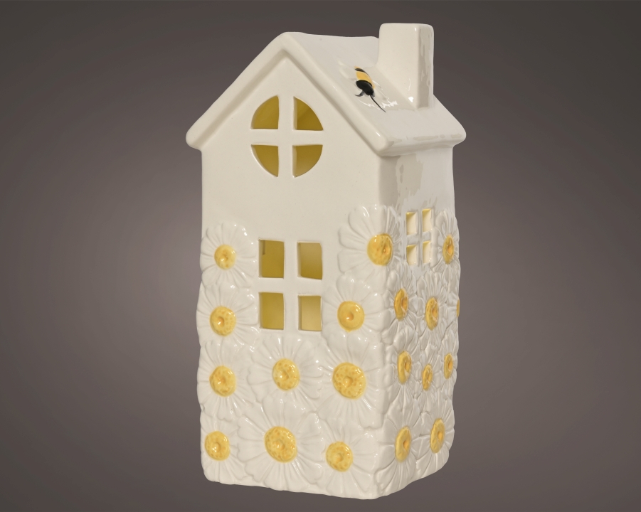 Kaemingk LED Haus  ca. B10,5 H22,2 T11 cm in Dolomit weiß, Keramikhaus, Dekorationshaus, Blumenrelief, Cremeweiß, Gelbe Akzente