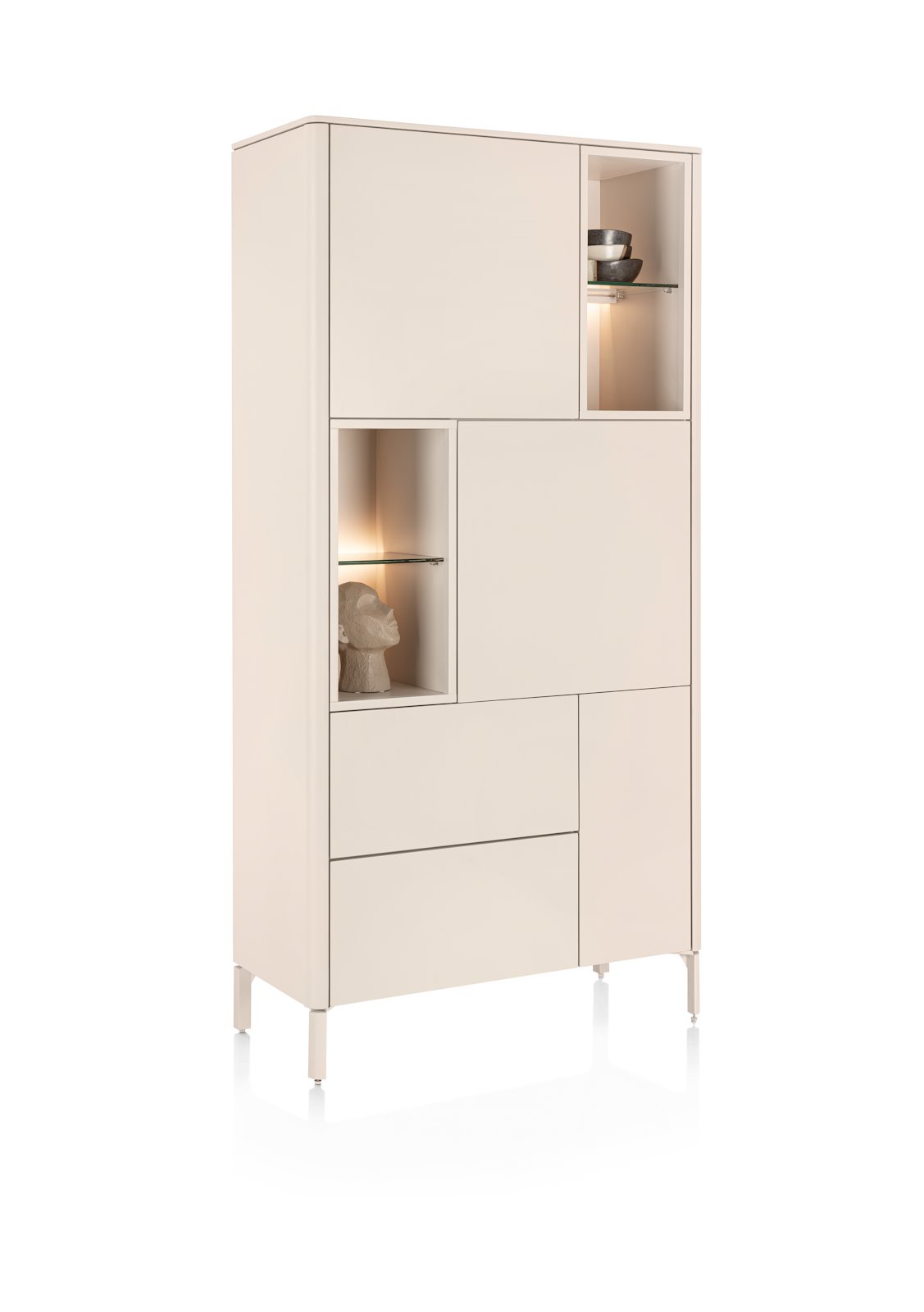 XOOON Schrank TRENTINO ca. B95 H190 T42 cm in MDF creme lackiert, Hängeschrank, Aufbewahrungsschrank, Regalwand, Weißer Lack, Beleuchtung