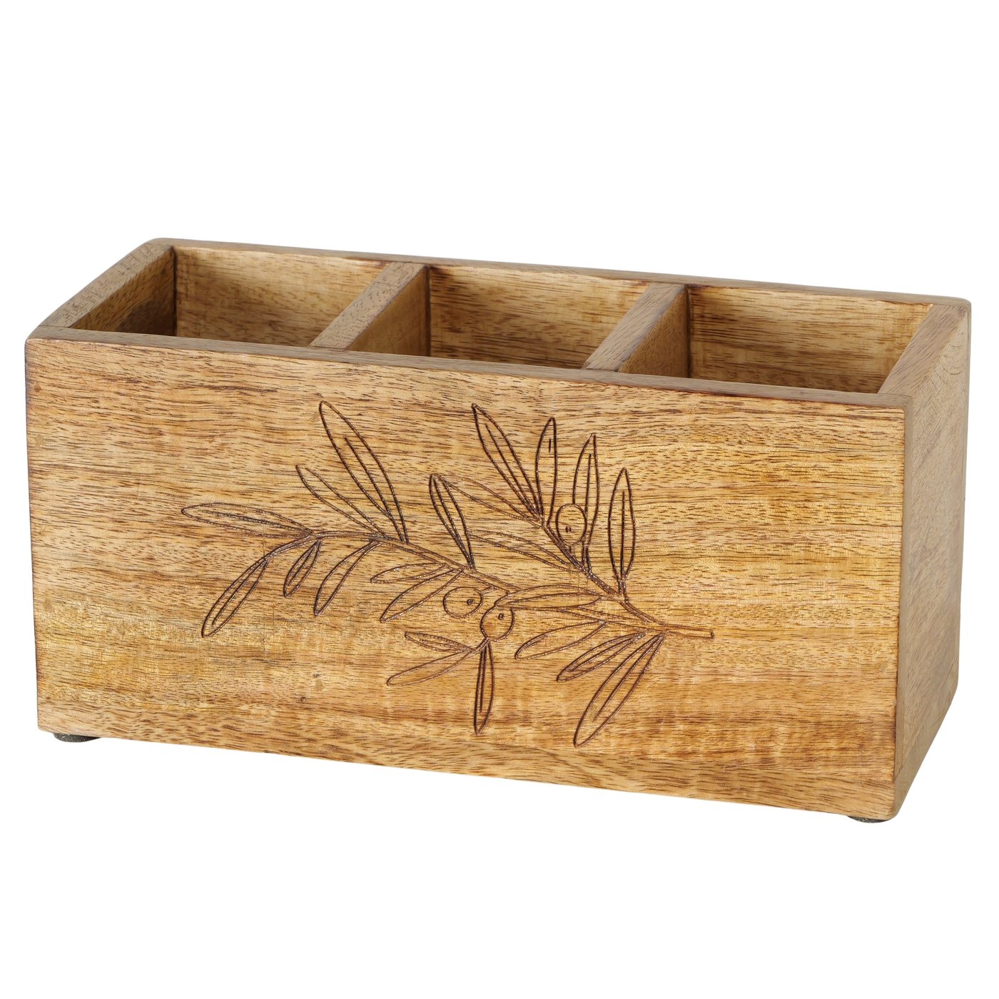 Boltze Utensilienhalter Oliva in Farbe Mango natur, Holzbox, Schubladenbox, Signalholz, Olivenzweig-Motiv, Aufbewahrungsbox