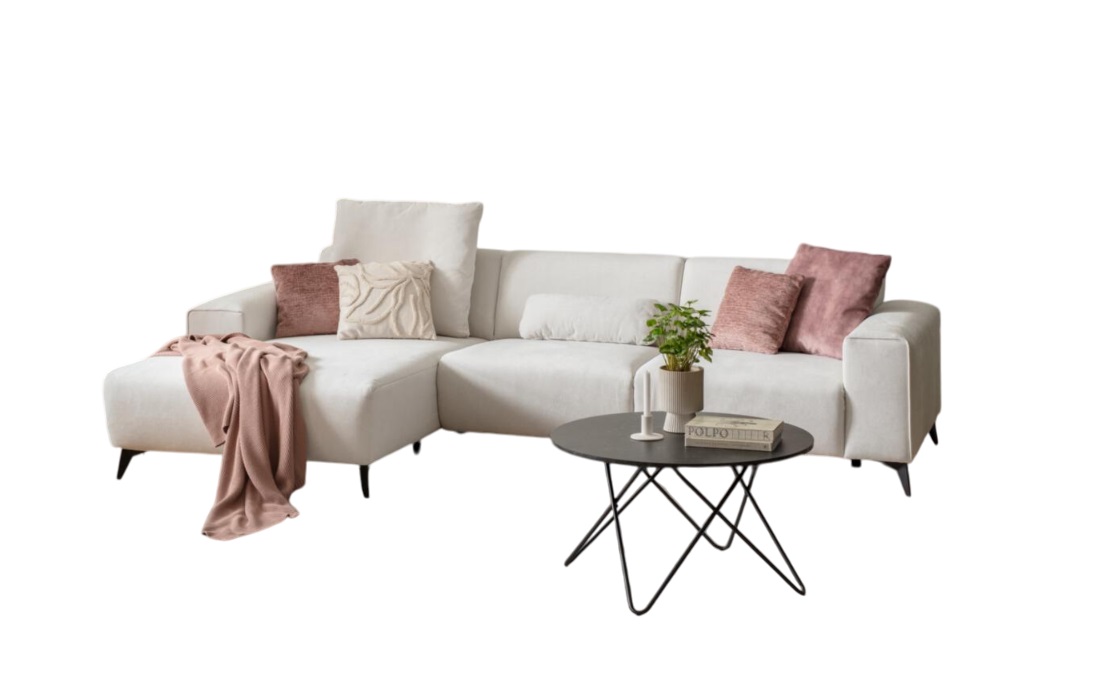 Polstergruppe VS-MP1211 ca. 174x298cm in Stoff Santos weiß, Couch, Mobiliar, Tabelle, Kissen, Kaffeetisch