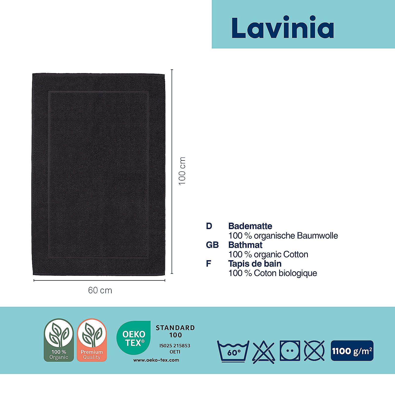 Kela BADVORLEGER LAVINIA in Farbe Schwarz, Badematte, Baumwolle, organisch, dunkelgrau, rechteckig