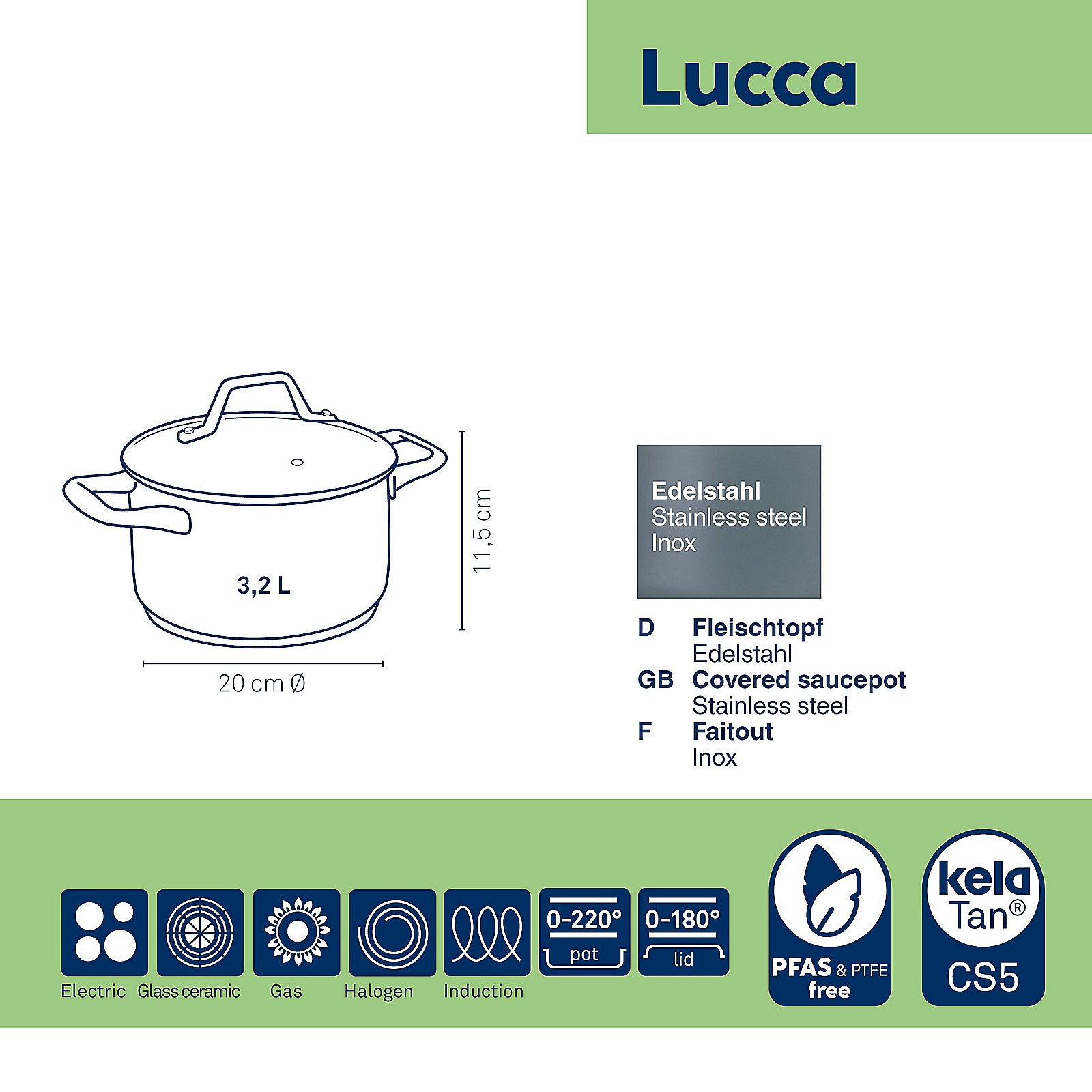 Kela Fleischtopf LUCCA in Farbe silber glänzend, Studioblöckchen, Stahltopf, Kochtopf, Dampfdicht, 3,2 L