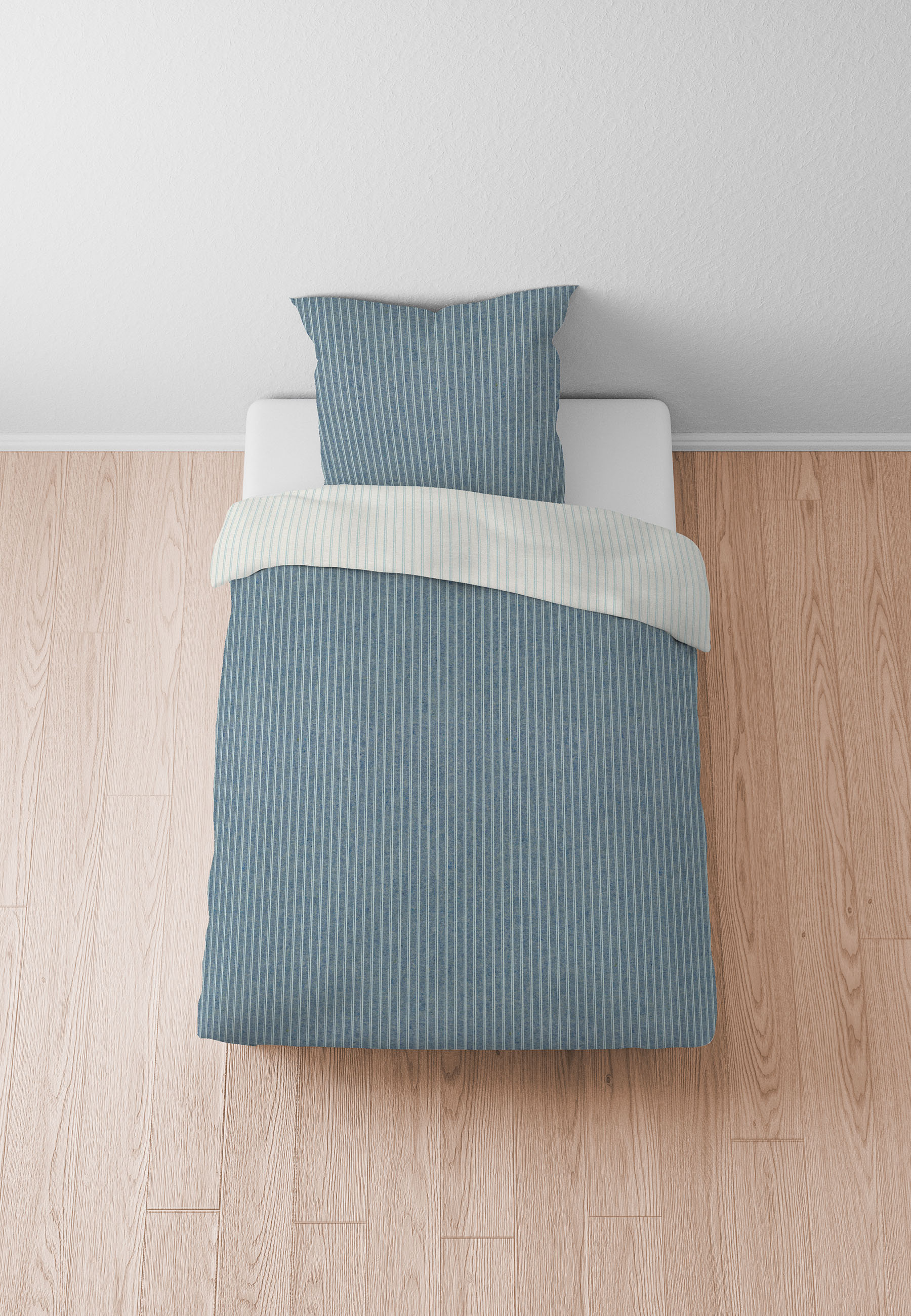biberna Melange-Flanell-Bettwäsche ca. 155x220cm in Farbe Blau, Bettdecke, Kopfkissen, Bettwäsche, Streifen, Blau