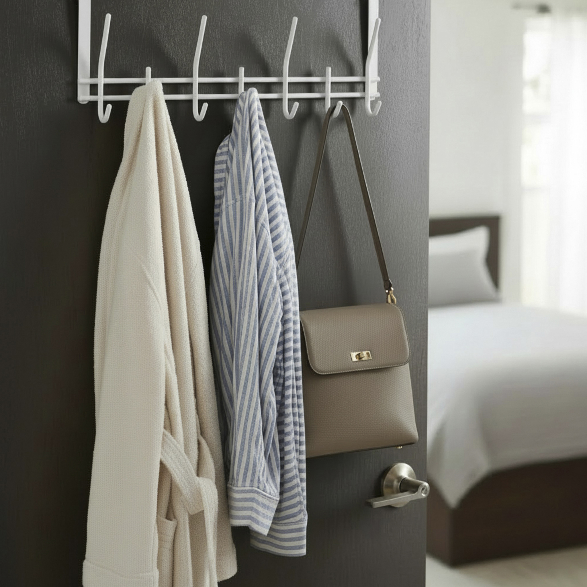 Türgarderobenleiste in Weiß, Halterung, Kleiderhaken, Handtasche, Bettzimmer-Accessoire, Accessoire, hakenleiste, kleiderhaken, handtasche, robe, zimmer-accessoires
