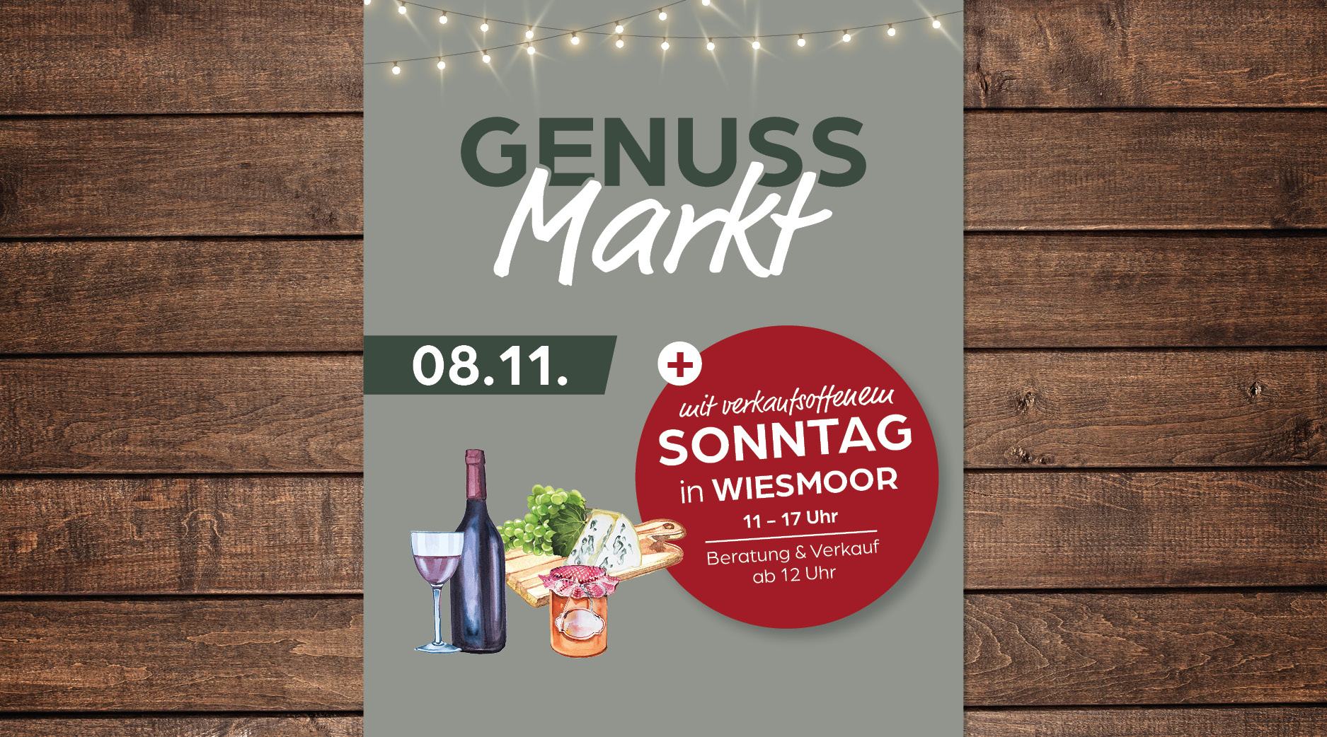 Werbeplakat, Genussmarkt, Sonntagsöffnung, Wein und Käse, Roter Kreis