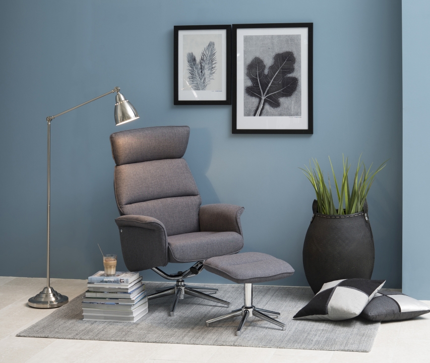 Actona Recliner mit Hocker ALURA in Calmeo Stoff dunkelgrau, Gestell Chrom