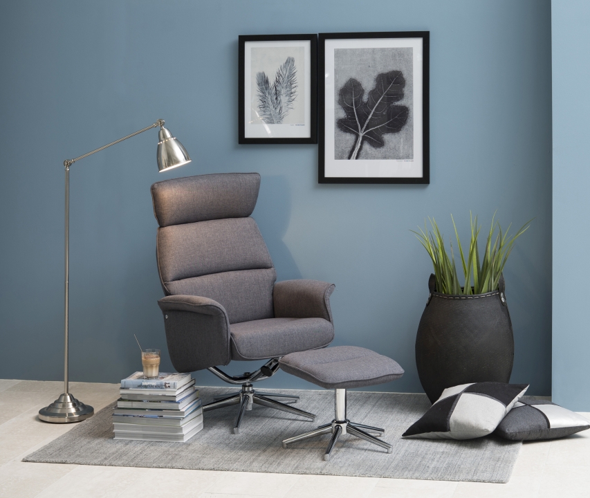 Relaxsessel mit Hocker ALURA in dunkelgrau Actona Recliner mit Hocker ALURA in Calmeo Stoff dunkelgrau, Gestell Chrom