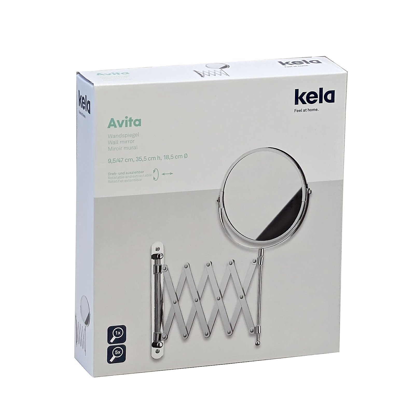 Kela Wandspiegel Avita Metall Silber / Metall, Wandspiegel, Ausziehbar, Rahmen, Vergrößerungsspiegel, Kunststoff/Metall, Wandspiegel, Spiegelarm, Ausziehbarer Arm, Rundspiegel, Rahmenlos
