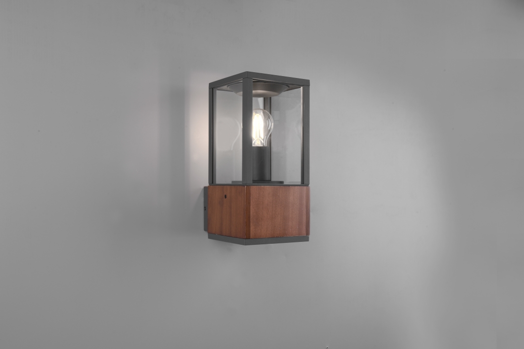 Trio Wandleuchte GARONNE in holzfarbig, Glas transparent klar
