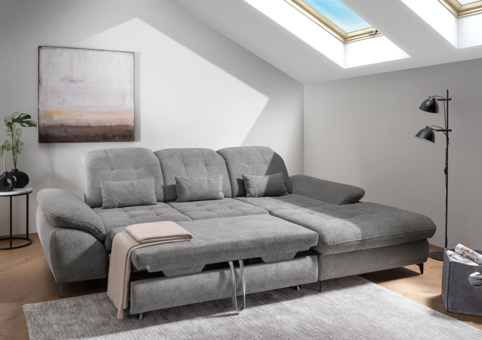 Polsterecke Delphino ca. 273x189 in Stoff Corto grau, Sofa, Garnitur, Wohnzimmer, Sofa mit Bettfunktion, Graue Farbe