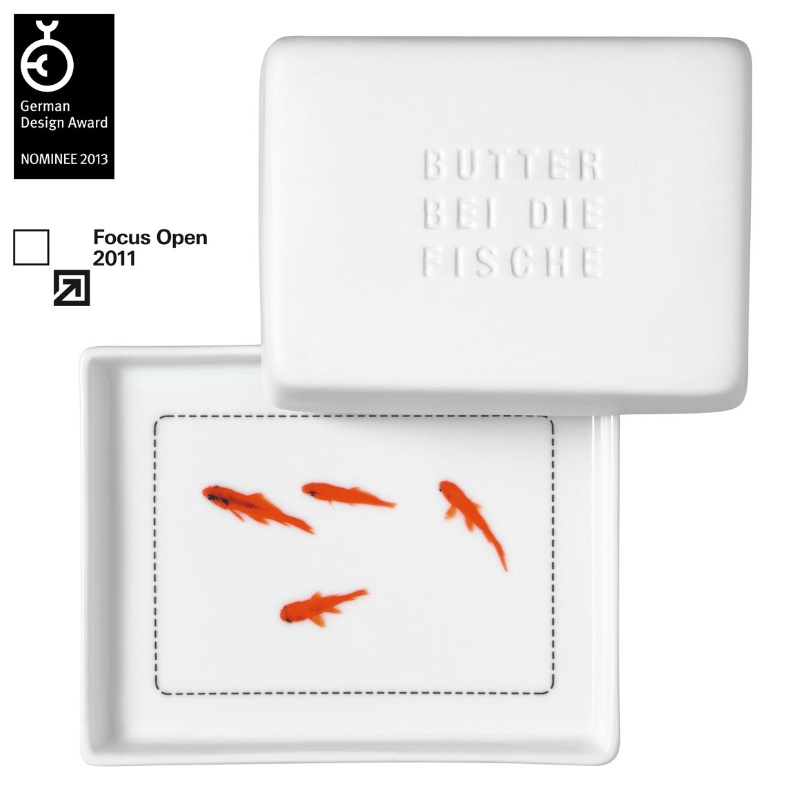 Butterdose BUTTER BEI DIE FISCHE in Farbe weiß, Seife, Butter, Schachtel, Goldfische, Prägung