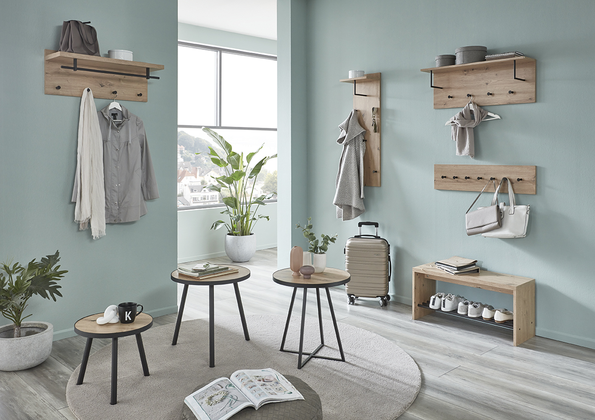 Wandgarderobe in Mehrfarbig, Garderobe, Wandboard, Schuhe-Regal, Koffer, Pflanze