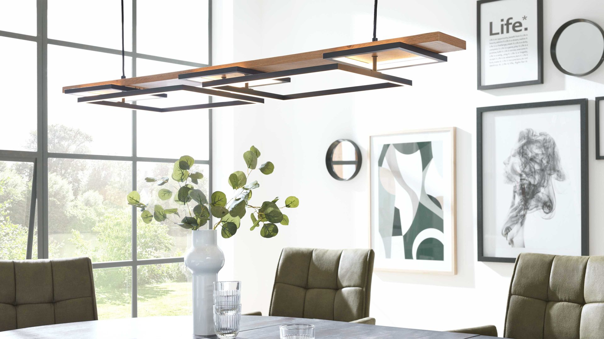 Interliving LED-Hängeleuchte IL-9342 in Metall schwarz matt, Holzoptik dunkel