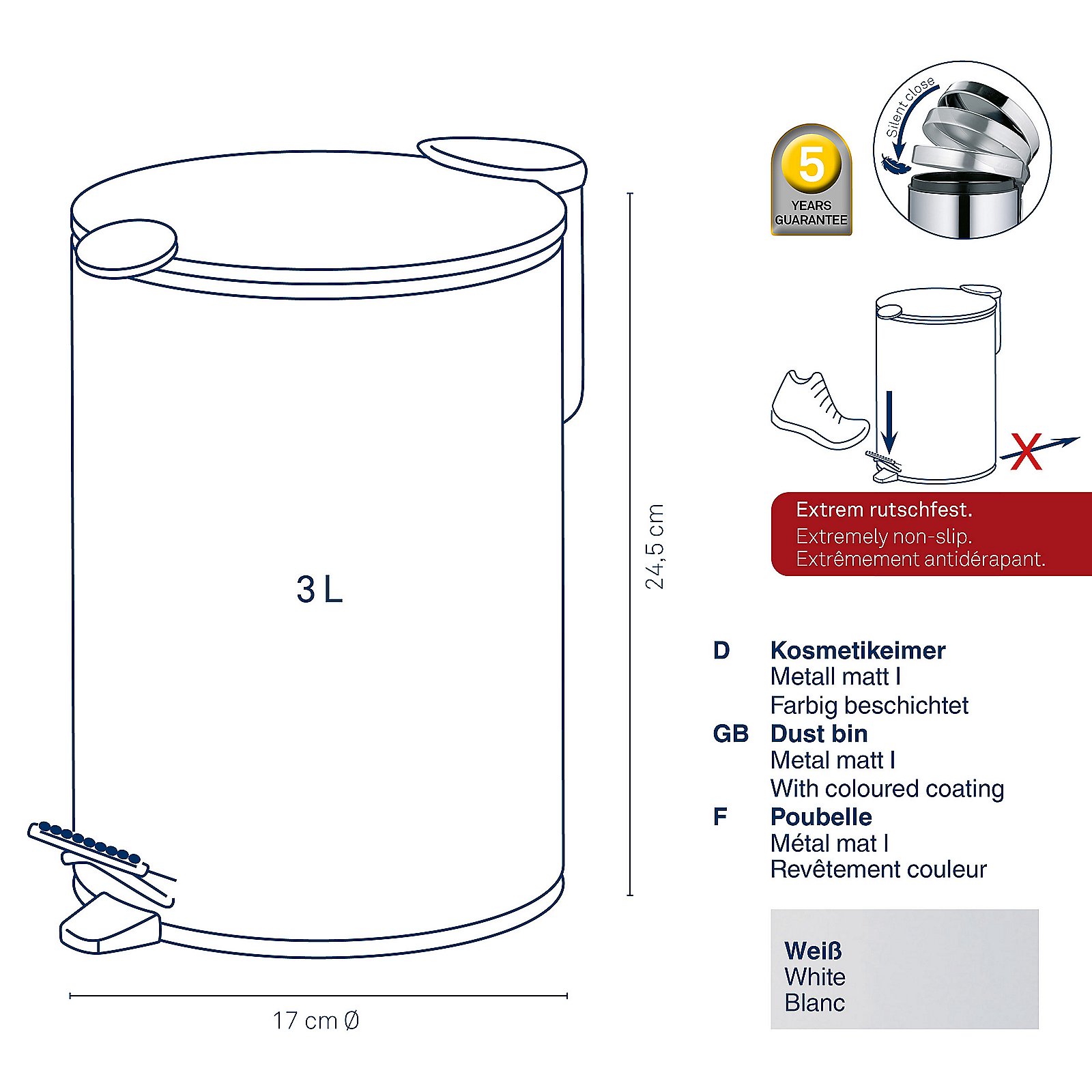 Kela Kosmetikeimer MATS in Farbe Weiß, Kunststoffabfallbehälter, Puffinmetal, metallic, dust bin, weiße Beschichtung, Abfalleimer, Mülleimer, 3 L, weiße Farbe, Metall Matt