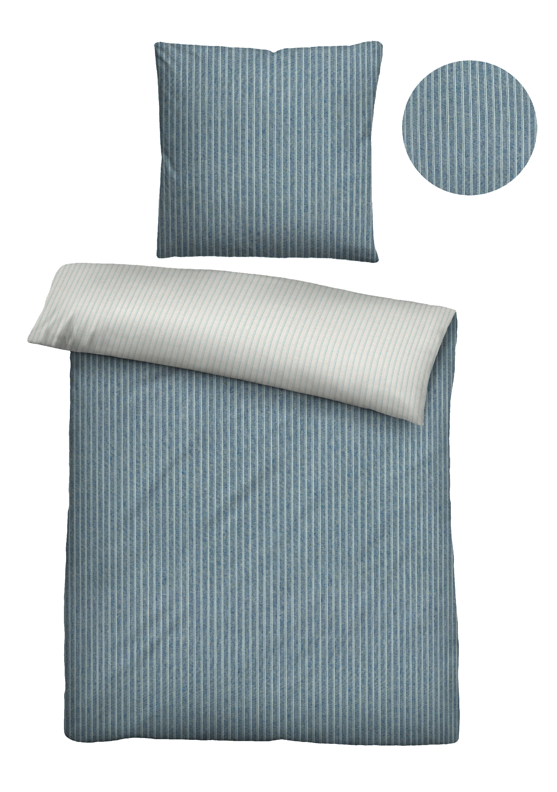 biberna Melange-Flanell-Bettwäsche ca. 155x220cm in Farbe Blau, Bettwäsche, Bettbezug, Kissenbezug, Streifen, Jeansblau
