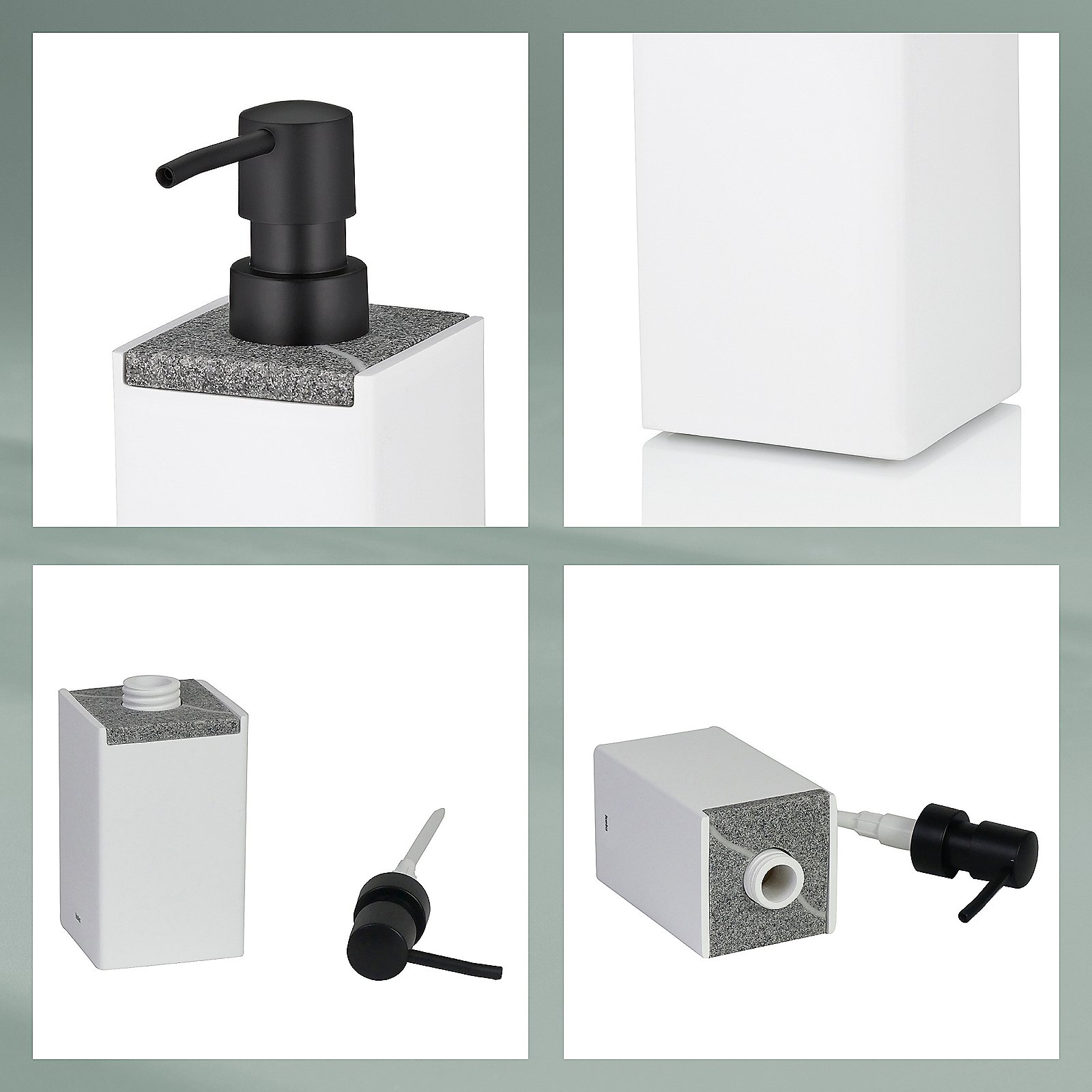 Kela Seifenspender Cube CUBE in Weiß, Seifenspender, Pumpe, Kunststoff, Weiß, Granitplatte, Seifenspender, Pumpenspender, Kunststoff, Weiß, Graugranulat