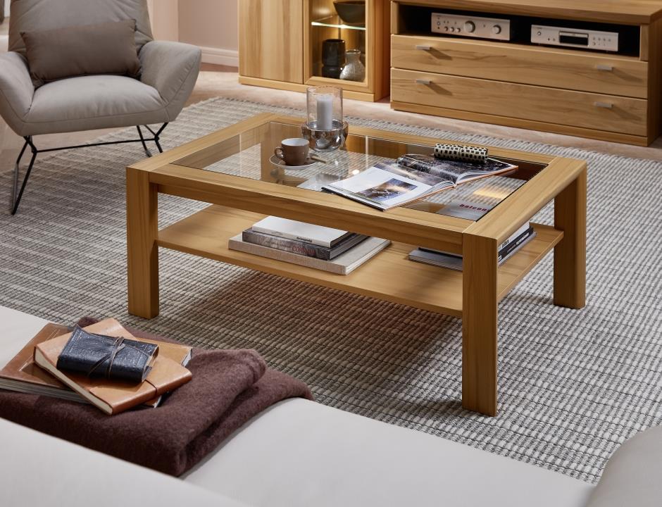 RMW Couchtisch Vermont, ca. 118 x 73 cm in Kernbuche furniert mit Klarglasplatte