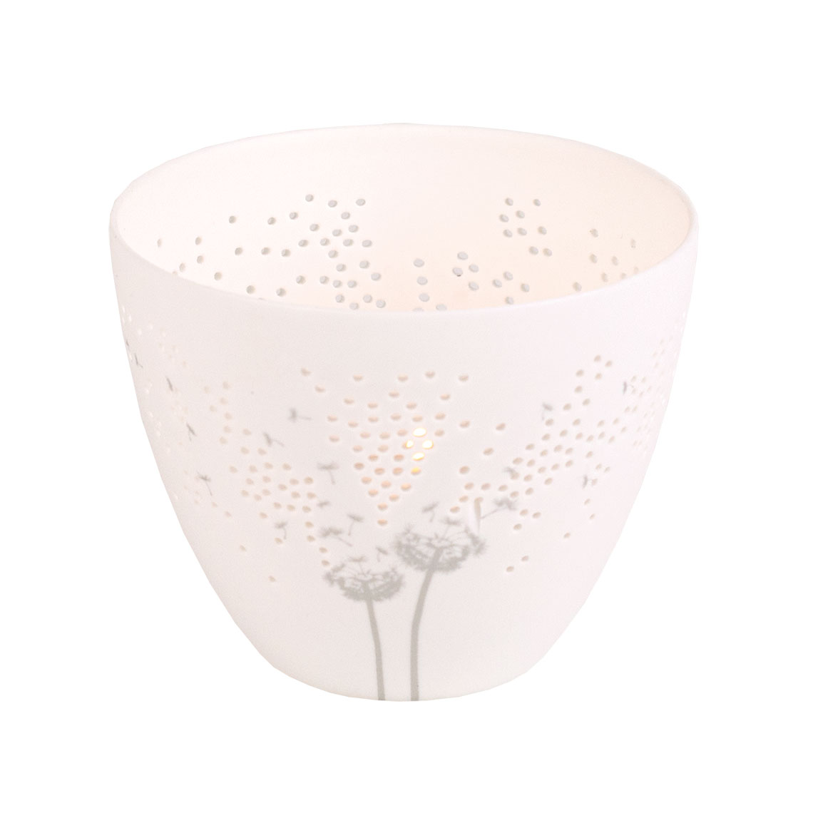 Poesielicht KLEINE PUSTEBLUME in Farbe weiß, Teebehälter, Porzellan, Weiß, Perforierung, Blumenmotiv