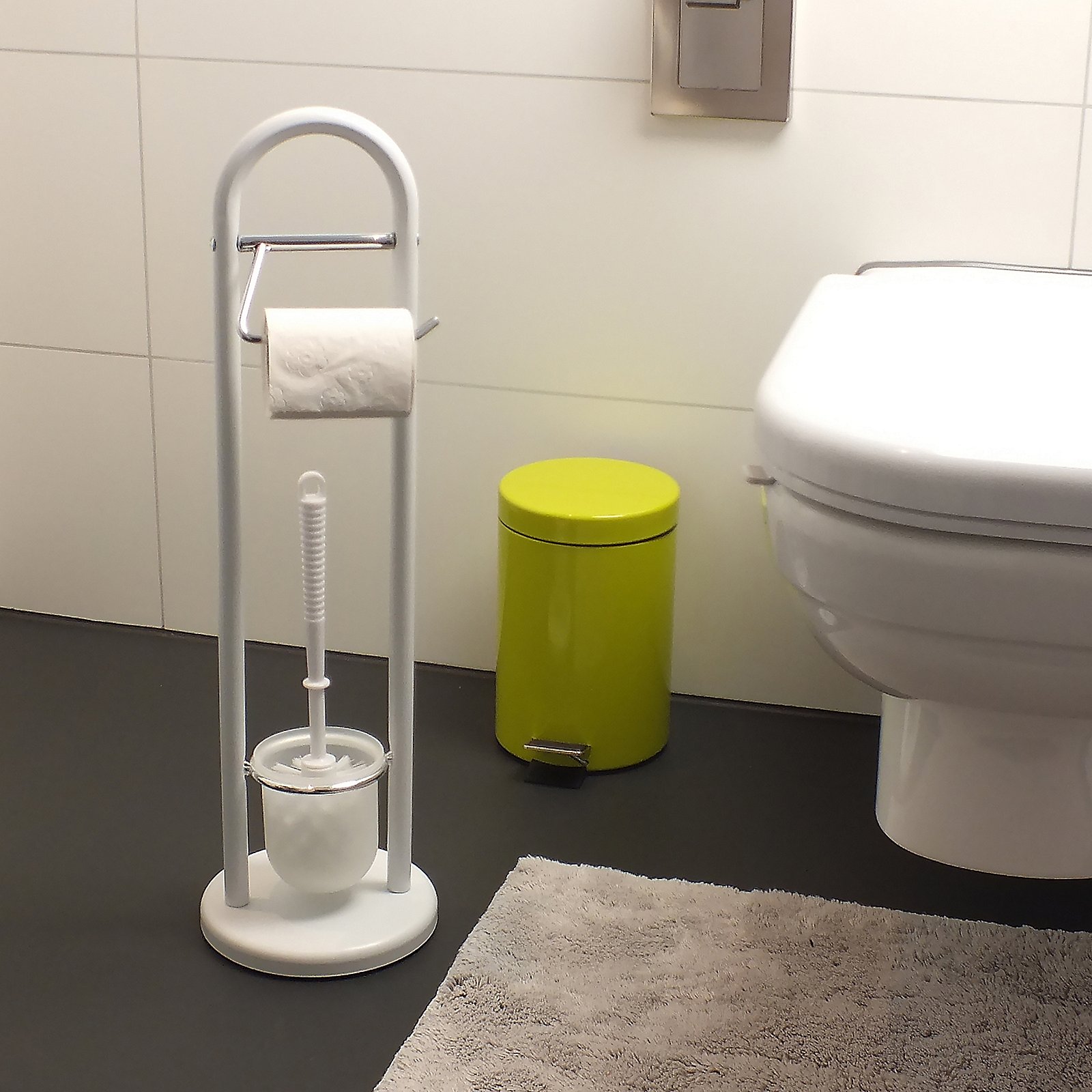 Kela Toilettengarnitur Linda Metall Weiß, toilet, Badezimmer, Toilettenbürste, Toilettenpapierhalter, grüner Abfallsammler, toilet, Badezimmer, Toilettenpapierhalter, Toilettenbürste, Badematte