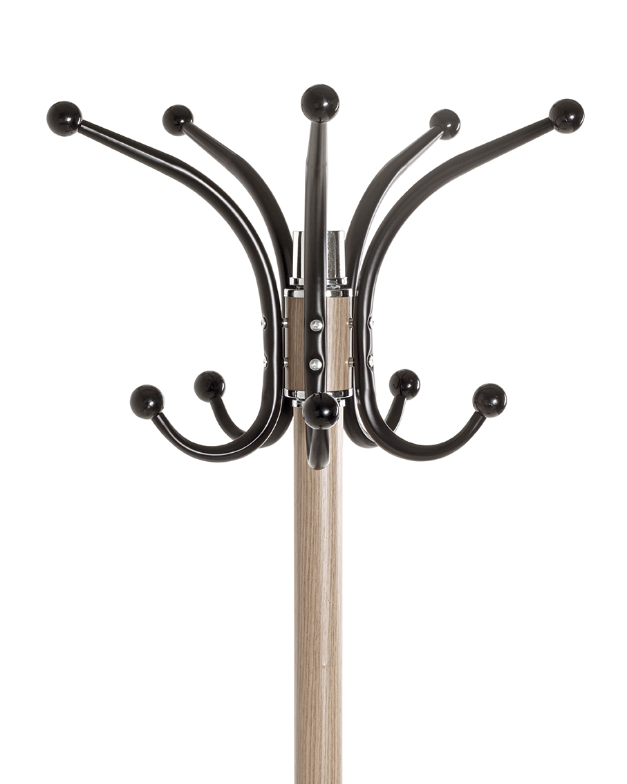 Garderobenständer in Schwarz, Wandgarderobe, Garderobenstativ, Holzstange, Metallhaken, sechs Haken, Kleiderständer, Garderobenständer, Holzstiel, Metallhaken, wandfrei