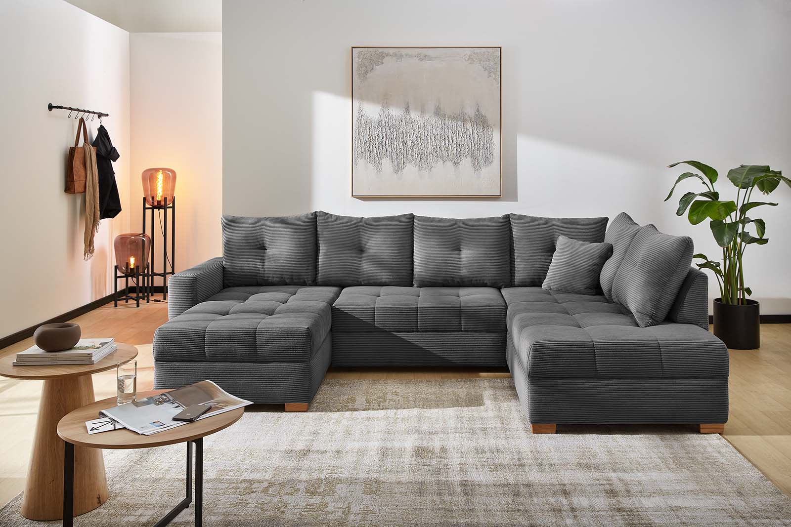 JOB Wohnlandschaft ABBY ca. 170x313x200cm in Dessin Cord dunkelgrau, Couch, Mobiliar, Inneneinrichtung, Wohnzimmer, Tabelle