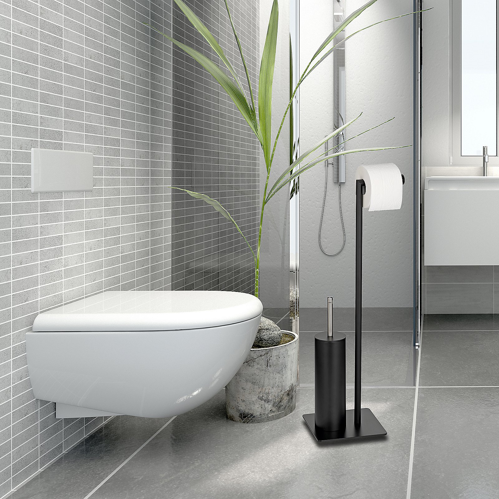 Kela Toilettengarnitur STYLE in Farbe Schwarz, WC, Toilet, Badezimmer, Fliesen, Pflanze
