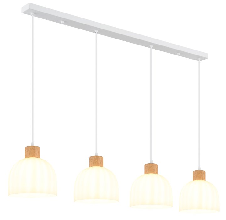 Globo Pendelleuchte SWANSON 4-flammig in Farbe weiß matt, opal Globo Pendelleuchte SWANSON 4-flammig in Farbe weiß matt, opal, Pendelleuchte, hängendes Licht, vier Lichter, Holz-Akzent, weiße Schirme