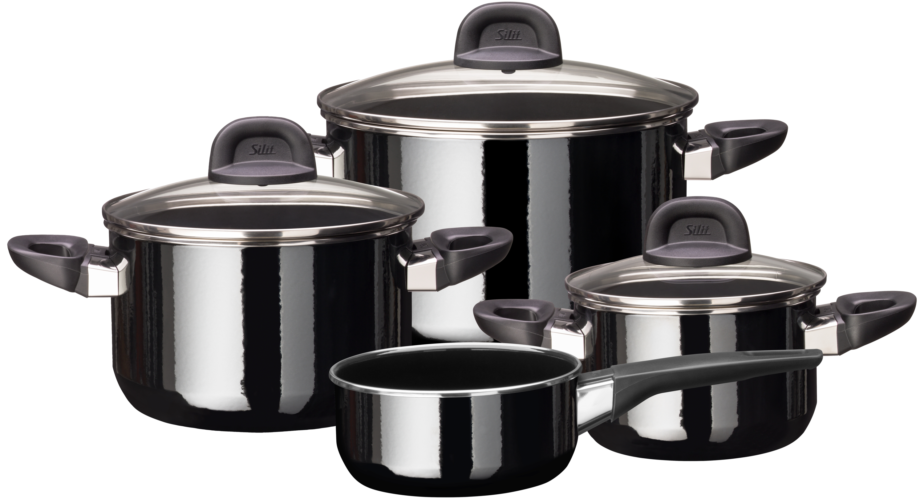 SILIT Silargan® Modesto Topf-Set 4-teilig, Black in schwarz SILIT Silargan® Modesto Topf-Set 4-teilig, Black in schwarz, Topfset, Stieltedicht, Kochgeschirr, Edelstahl, Glasdeckel