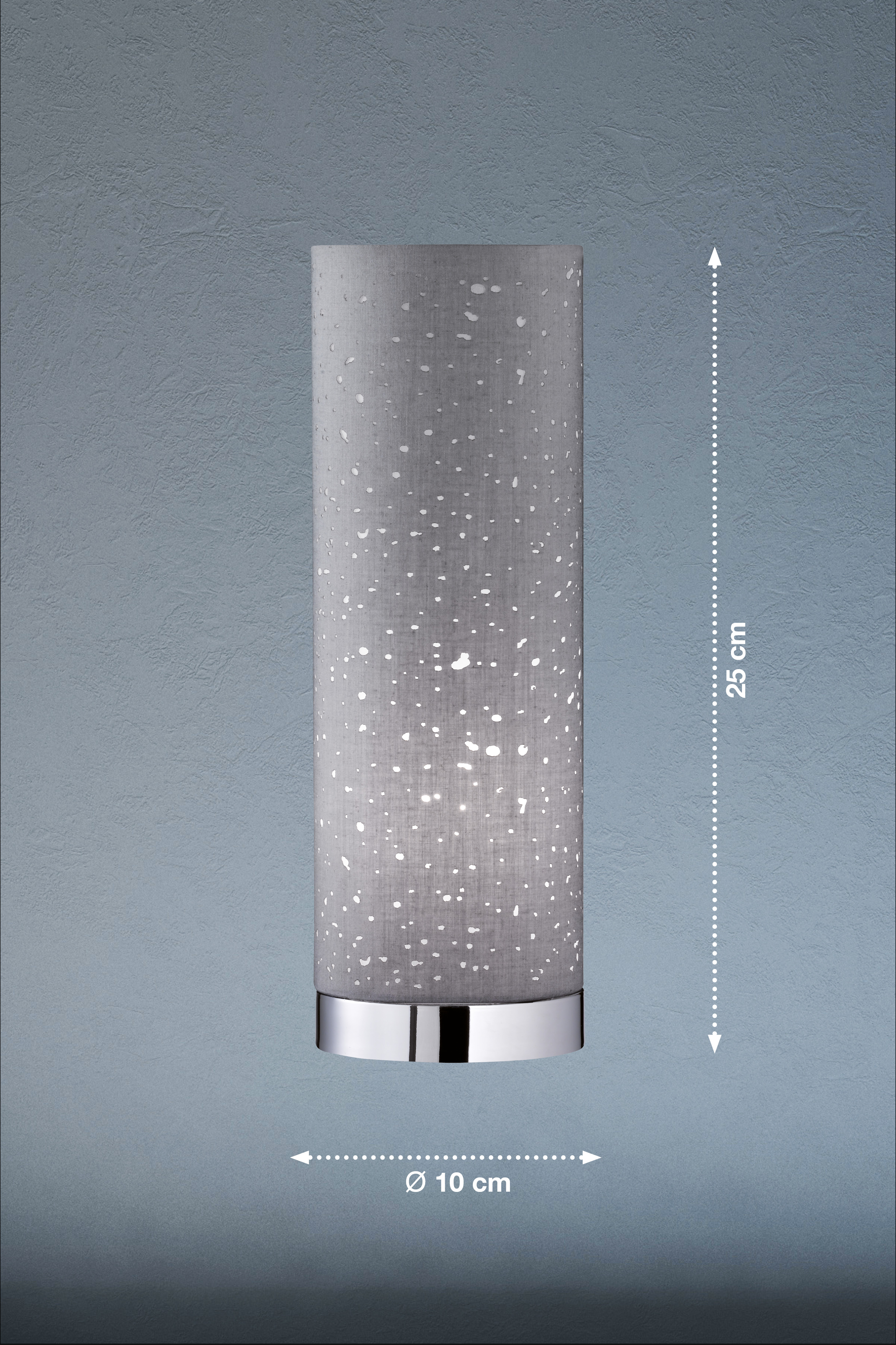 Fischer & Honsel Tischleuchte THOR in Chrom, Stoff grau mit Dekor