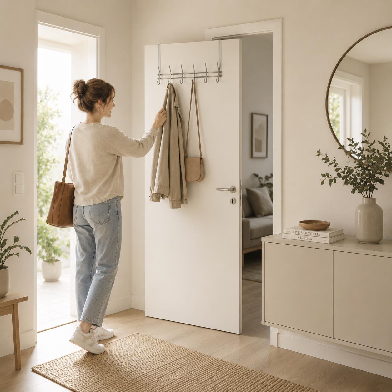 Türgarderobenleiste in Silber / Metall, Garderobenleiste, Hängende Jacke, Diele, Juteteppich, neutrale Dekoration, Garderobenhaken, Mantel, Aufhänger, Flur, Wohnaccessoire