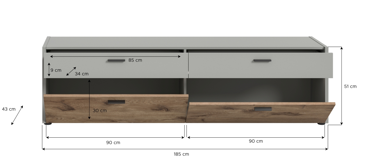 Xonox Home Lowboard CELINO in Front/Korpus hellgrau Nachbildung / Absetzung Nox Oak Nachbildung