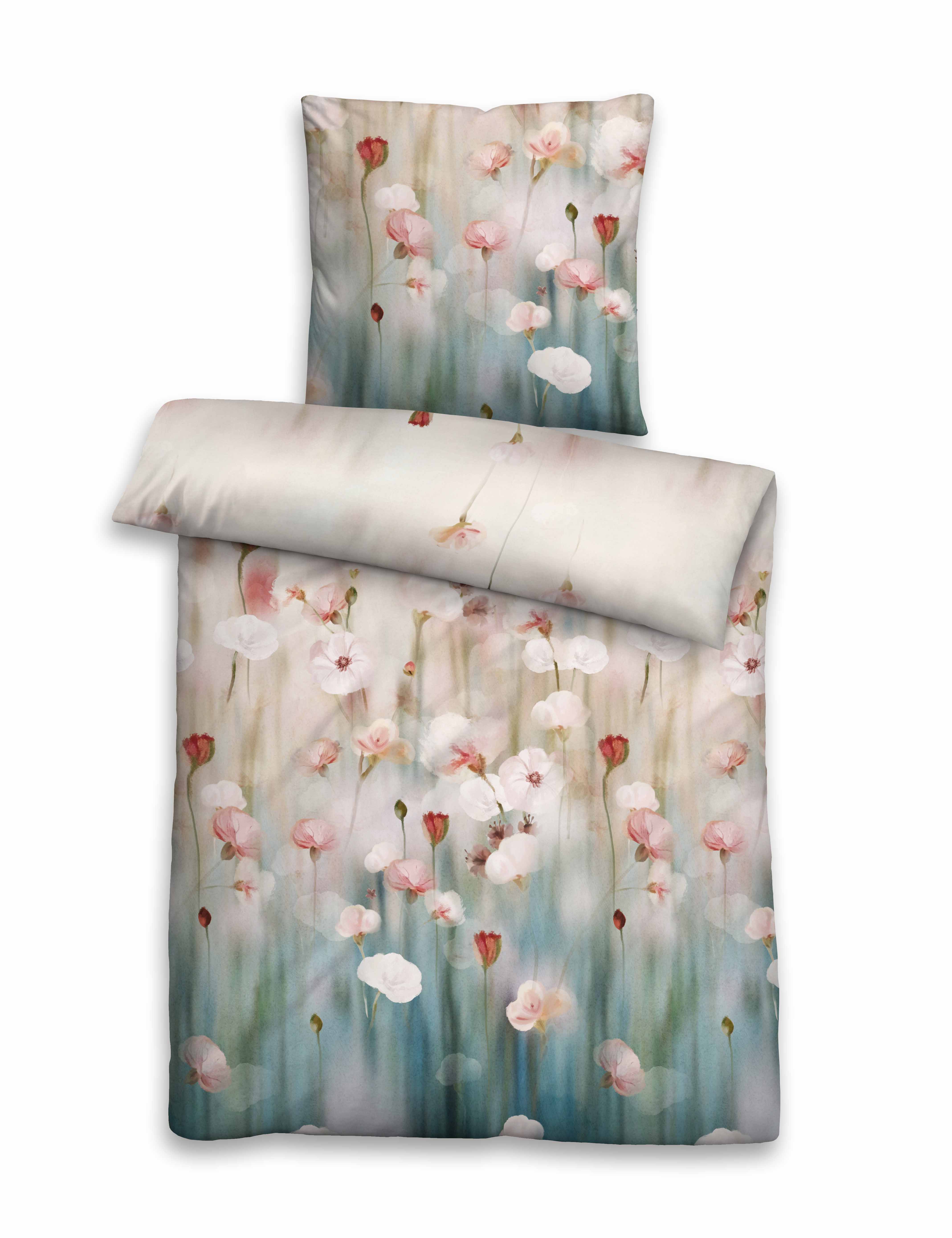 biberna Feinbiber-Bettwäsche ca. 135x200cm in Farbe Natur, Kissenbezug, Bettwäsche, Blumenmuster, Rosen, Druck