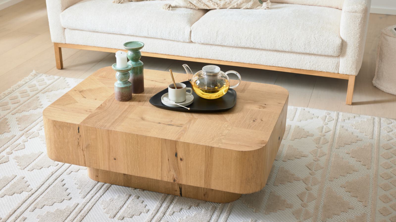 Roomio Couchtisch NO. 2002 ca. 70x100cm mit Platte aus Patchwork-Design, Eiche Echtholzfurnier natur