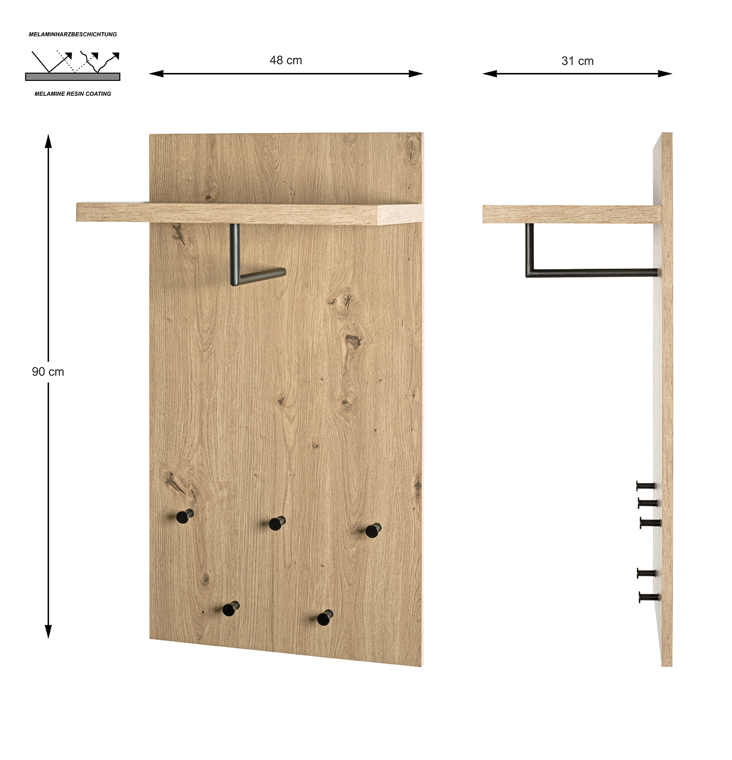 Haku Möbel Wandgarderobe ca. B48 H90 T31 cm in MDF Dekor Eiche hell mit, Sperrholz, Holz, Schrank, Mobiliar, Briefkasten