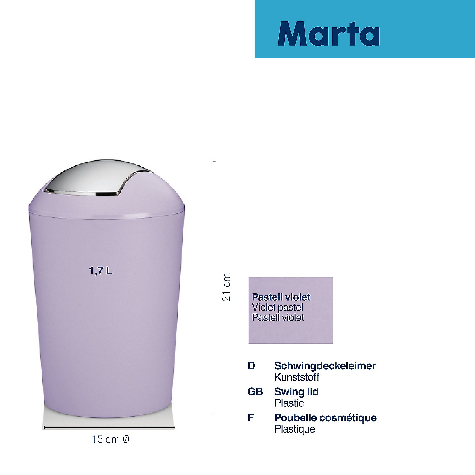 Kela Schwingdeckeleimer Marta in Fb. pastell violet, Zinn, Kann, Mülleimer